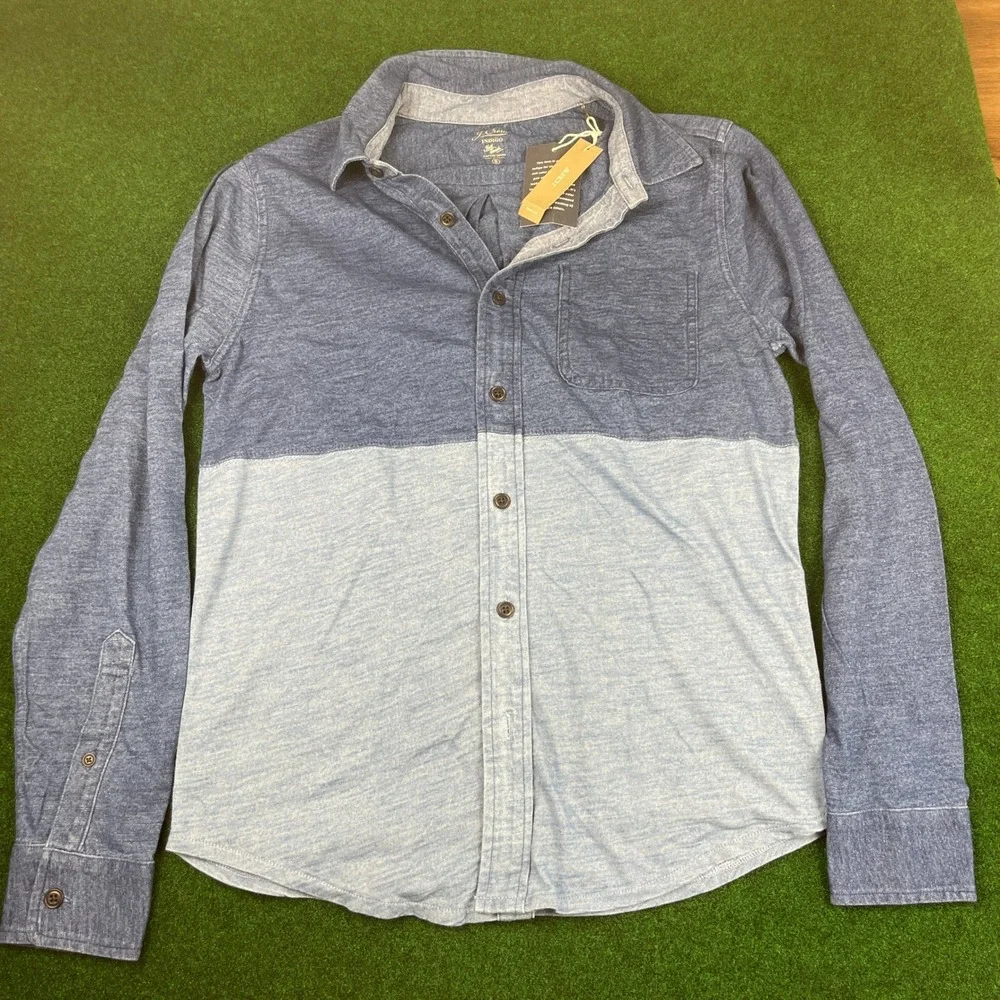 J. Crew Indigo Knit Goods Chambray Colorblock Button Down Shirt Size S‎